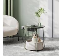 Songmics Vasagle Side Table With Charging Station, Round End Table With Power Outlets, Usb Ports, Basket, Forest Green And Cream White