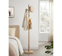 Songmics Vasagle Solid Wood Coat Rack, Free-Standing Hall Tree With 8 Hooks For Coats, Hats, And Purses, Natural Beige