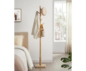 Songmics Vasagle Solid Wood Coat Rack, Free-Standing Hall Tree With 8 Hooks For Coats, Hats, And Purses, Natural Beige