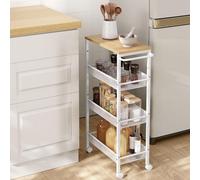Songmics Vasagle Storage Cart, 4-Tier, Space-Saving Rolling Trolley, Metal, Handle, Trolley For Small Spaces, Oak And White