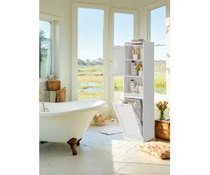 Songmics Vasagle Tall Bathroom Cabinet With Laundry Basket, Storage Unit, Removable Laundry Basket With Handles, Cloud White