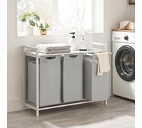 Songmics Vasagle Triple Section Washing Basket, Laundry Organizer With Pull-Out Bags, Metal Frame Sorter, Dove Grey And Matte White