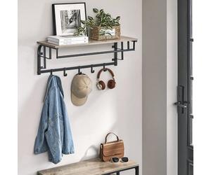 Songmics Vasagle Wall Coat Rail, Floating Shelf With 5 Hooks And Hanging Bar, For Hallways, Living Rooms, Bedrooms, Greige And Black