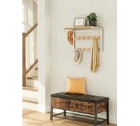 Songmics Vasagle Wall-Mounted Coat Rack, Wall Shelf With 10 Removable Hooks, Clothes Rail, Coat Hooks With Shelf, Oak Colour And White