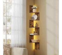 Songmics Wall Mounted Corner Shelf With Rgb Led Lights, 5 Tier Floating Bookshelf For Plants And Display, Rustic Brown