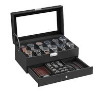SONGMICS Watch Box, 2-Tier Display Case with Glass Lid for 12 Watches | Watch Case, 1 Drawer, Lockable, for Rings, Bracelets, Black Synthetic Leather, Black Lining, BRIDIE Collection, JWB012B03