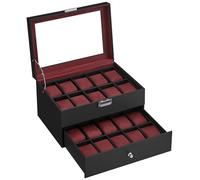 SONGMICS Watch Box, 2-Tier Display Case with Glass Lid for 20 Watches | Watch Case, 1 Drawer, Lockable, for Rings, Bracelets, Black Synthetic Leather, Red Lining, BRIDIE Collection, JWB020R01