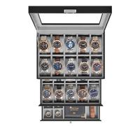 SONGMICS Watch Box, 20-Slot Watch Case Organizer with Large Glass Lid, Removable Pillows, Metal Lock, Gift for Loved Ones, Black Synthetic Leather, Grey Lining UJWB036B101