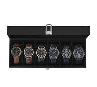 SONGMICS Watch Box, 6-Slot Watch Case with Large Glass Lid, Removable Watch Pillows, Watch Box Organizer, Gift for Loved Ones, Black Synthetic Leather, Black Lining UJWB06B01