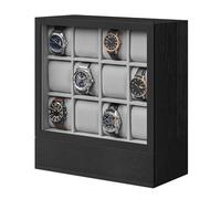 SONGMICS 12-Slot Wooden Watch Box, Watch Display Case with Window, Watch Display Cabinet with Solid Wood Veneer, Vertical Storage, Space Saving, Gift Idea, Ebony Black JOW014B01