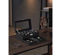 SONGMICS Watch Box, Watch Case with Glass Lid, 2-Tier Watch Display Case for 12 Watches, Lockable, 1 Drawer, Bracelets Red