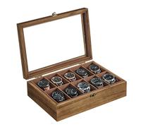SONGMICS Watch Box with 10 Slots, Watch Case, Solid Wood Watch Box Organiser with Large Glass Lid, Watch Display Box with Removable Pillows, Gift Idea, Rustic Walnut JOW100K01