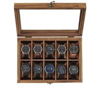 SONGMICS Watch Box with 10 Slots, Watch Case, Solid Wood Watch Box Organiser with Large Glass Lid, Watch Display Box with Removable Pillows, Gift Idea, Rustic Walnut JOW100K01