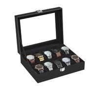 SONGMICS Watch Box with 10 Slots, Watch Case with Glass Lid, Watch Display Box with Removable Watch Pillows, Metal Clasp, Gift Idea, Black Synthetic Leather, Black Lining JWB010B02