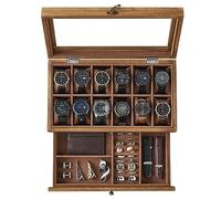 SONGMICS Watch Box with 12 Slots, 2-Tier Wood Case, Large Glass Lid