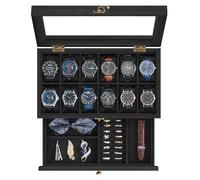SONGMICS Watch Box with 12 Slots, 2-Tier Wood Case, Large Glass Lid