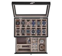 SONGMICS Watch Box with 12 Slots, 2-Tier Wood Case, Large Glass Lid | Jewellery Box, Watch Pillows, Velvet Lining, Gift for Loved Ones, Ink Black, ANICIA Collection JOW012B01