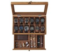 SONGMICS Watch Box with 12 Slots, 2-Tier Wood Watch Case with Large Glass Lid, Watch Pillows, Velvet Lining, Jewellery Box, Gift for Loved Ones,