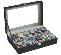 SONGMICS Watch Box with 12 Slots, Watch Case with Glass Lid, Watch Display Box with Removable Watch Pillows, Metal Clasp, Gift Idea, Black Synthetic Leather, Greenish Grey Lining JWB12BK
