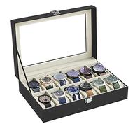 SONGMICS Watch Box with 12 Slots, Watch Case with Glass Lid, Watch Display Box with Removable Watch Pillows, Metal Clasp, Gift Idea, Black Synthetic Leather, Greenish Beige Lining JWB12BE