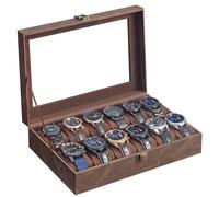 SONGMICS Watch Box with 12 Slots, Watch Case with Glass Lid, with Removable Pillows, Metal Clasp, Gift Idea, Coffee Brown Synthetic Leather, Coffee Brown Lining JWB120KQ02