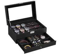 SONGMICS Watch Box with 6 Slots, 2-Tier Jewellery Box Organiser, Glass Lid | Lockable Watch Display Case & Sunglasses Storage 32.7 x 19.5 x 13 cm, Black, JWB038B101