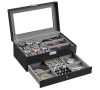 SONGMICS Watch Box with 6 Slots, 2-Tier jewellery Box Organiser, Glass Lid | Lockable Watch Display Case & Sunglasses Storage 32.7 x 19.5 x 13 cm, Black and Grey, JWB038B201
