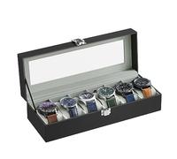 SONGMICS Watch Box with 6 Slots, Watch Case with Glass Lid, Watch Display Box with Removable Watch Pillows, Metal Clasp, Gift Idea, Black Synthetic Leather, Greenish Grey Lining JWB06BK