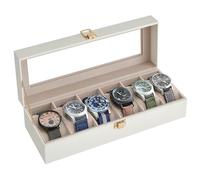 SONGMICS Watch Box with 6 Slots, Watch Case with Glass Lid, Watch Display Box with Removable Watch Pillows, Metal Clasp, Gift Idea, Cloud White Synthetic Leather, Cappuccino Beige Lining JWB006W01