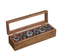 SONGMICS Watch Box with 6 Slots, Solid Wood, Glass Lid | Watch Display Box with Removable Pillows, Gift Idea, Rustic Walnut, ANICIA Collection JOW006K01