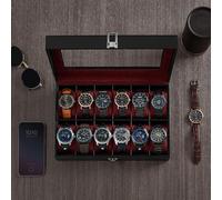 Songmics Watch Collection Box, Large Glass Cover Watch Display, Removable Cushions, Black Synthetic Leather, Wine Red Lining