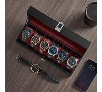 Songmics Watch Display Case With Glass Top, Storage Box With Removable Pillows, Black Synthetic Leather, Wine Red Lining