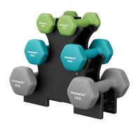 SONGMICS Set of 6 Dumbbells with Storage Stand, Hand Weights with Neoprene Coating, Hexagonal Dumbbells, 1 kg, 2 kg, 3 kg, Home Workout, Fitness, Bright Green, Turquoise, and Light Grey SYL612GN