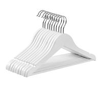 SONGMICS Wood Children's Hangers, Pack of 10 Kid's Clothes Hangers, with Trousers Bar, Shoulder Notches, 360° Swivel Hook, 35 cm Long, White and Silver CRW006W02