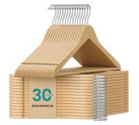 SONGMICS Wooden Hangers, Pack of 30, Coat Hangers, Pants Bar, 360° Swivel Hooks, Solid Birch Wood, 0.3-Inch Thick, Space Saving, for Jackets, Shirts, Coats, Natural Beige UCRW030K01