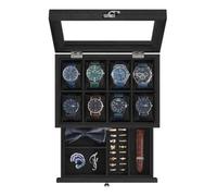 Songmics Wooden Jewelry Organizer With Glass Lid, 2-Tier Watch Storage Box, Velvet Lined, For Bedroom, Black