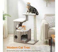 Songmics Woodywonders Cat Tree, Modern Cat Tower With Cat Cave, Scratching Post And Mat, Removable Washable, Greige And White