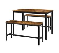 SONGMICSHOME Dining Table with 2 Benches, Set of 3, Kitchen Table, 2 Dining Room Benches, Steel Frame, Brown and Black