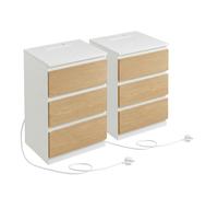 SONGMICSHOME Set of 2 Nightstands with Charging Station, Bedside Tables, Side End Tables with 3 Drawers, for Bedroom, White and Yellow