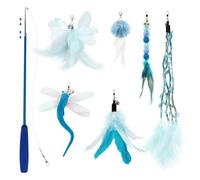 SONGWAY Cat Feather Wand Stick Toy - 7 Pcs Cat Feather Toys, 1 Retractable Teaser Wand with 6 Tassel Dragonfly Cat Toy Refills, Interactive Cat Toys for Indoor Cats Kittens, Blue