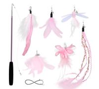 SONGWAY Cat Feather Wand Toy - 7 Pcs Cat Feather Toys, 1 Retractable Teaser Wand and 6 Tassel Dragonfly Cat Toys Refills, Interactive Cat Toys for Indoor Cats Kittens, Pink