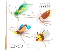 SONGWAY Cat Teaser Wand Toy - Cat Feather Toy Set with Retractable Teaser Wand and 4 Bug Cat Toy Refills, Interactive Cat Toy for Indoor Cats Kittens Exercise Playing, Wooden Stick