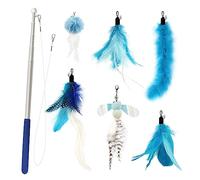 SONGWAY Cat Toy Feather Wand - 7 Pcs Interactive Cat Toys for Indoor Cats Kittens, 1 Retractable Teaser Wand with 6 Cat Feather Toy Refills, Cat Fishing Rod Toys, Blue