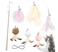 SONGWAY Cat Toy Feather Wand - Retractable Cat Wand Toys with 6 Cat Feather Toy Refills with Bell, 7 PCS Interactive Cat Toys for Indoor Cats and Kittens, Pink