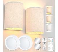 Sonhomay 2pcs Rechargeable Wall Sconce Magnetic Wireless Lamp with Fabric Linen Shade Remote Control Timer 3 Colors Dimmable Wall Light for Bedroom Living Room Hallway