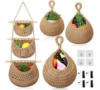 Sonhomay 4pcs Fruit Basket Wall Hanging Basket for Fruit & Vegetable Storage Jute Rope Woven Wall Hanging Produce Storage Holder Over the Door Organizer with 8 Hooks for Kitchen Bedroom Bathroom