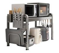 Sonhomay Microwave Oven Rack Expandable Microwave Stand with Cutting Board Holder and 6 Hooks Adjustable Microwave Shelf Kitchen Utensils Counter Organizer for Toaster Oven Bread Machine