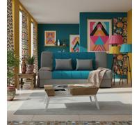 Sonia Sofa Bed With Click Clack Mechanism Sleeping Function Storage 2 Decorative Cushions 194X90X88Cm Light Grey And Turquoise