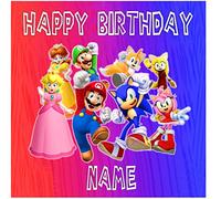 Sonic and Mario Inspired Edible Icing Cake Topper Precut - Personalised (2. Square 7.5inch)