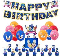Sonic Birthday Party Decorations, Sonic theme birthday Supplies- 2Pcs Birthday Banners,12Pcs Latex Balloons, 24Pcs Cake Toppers for Boys Kids Superstars Themed Party